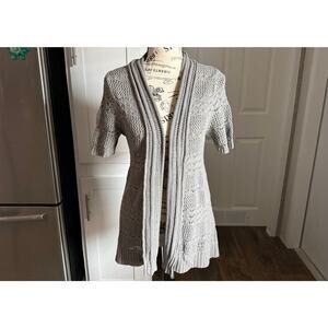 Women’s Merona Gray Knit Crochet Open Front Short Sleeve Cardigan Size Medium